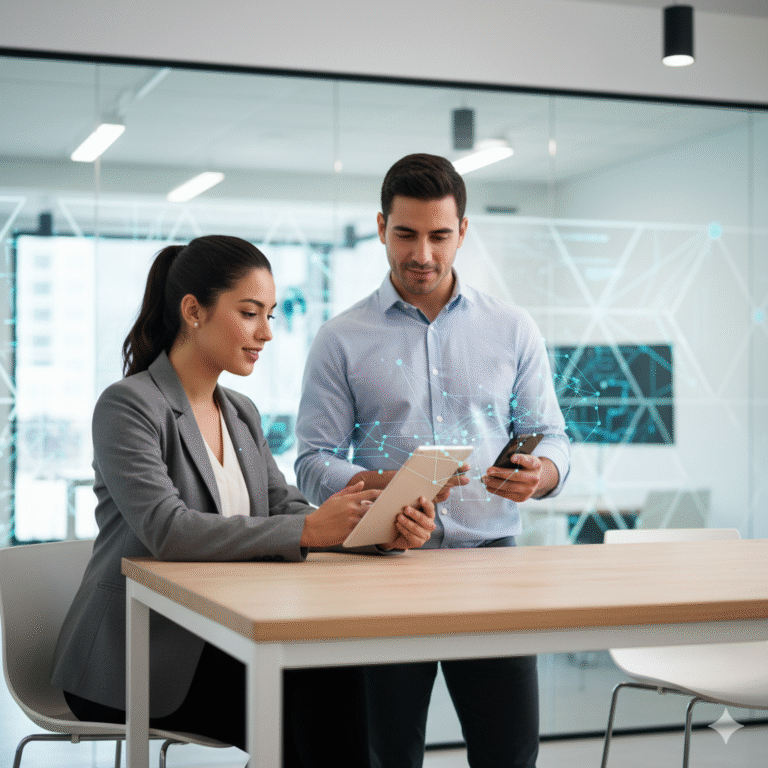 hombre y mujer en coworking con tablet